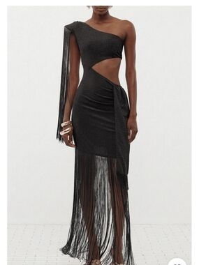 One-Shoulder Black Fringe Cutout Dress